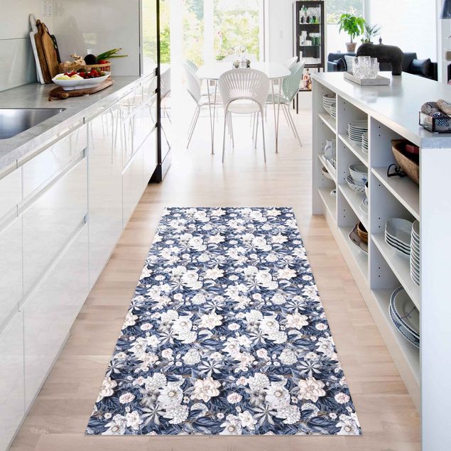 Wanddeko Küche Weiße Blumen vor Blau