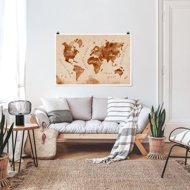 Wandbilder Weltkarten Weltkarte Aquarell beige braun