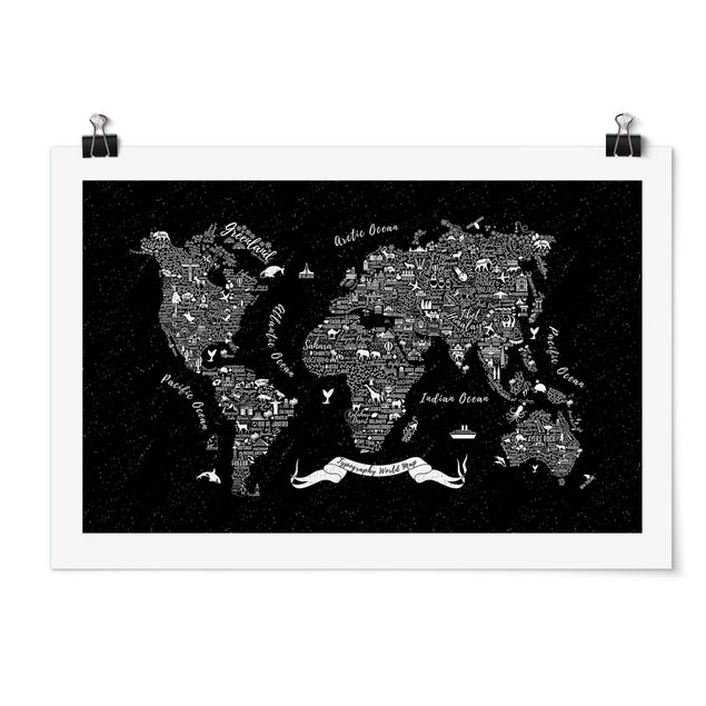Wandbilder Weltkarten Typografie Weltkarte schwarz