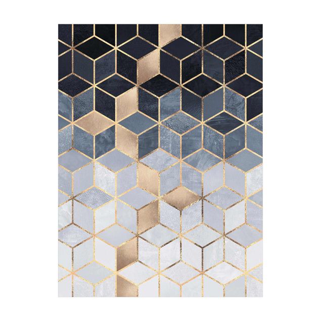 Teppich 3D Motiv Blau Weiß goldene Geometrie