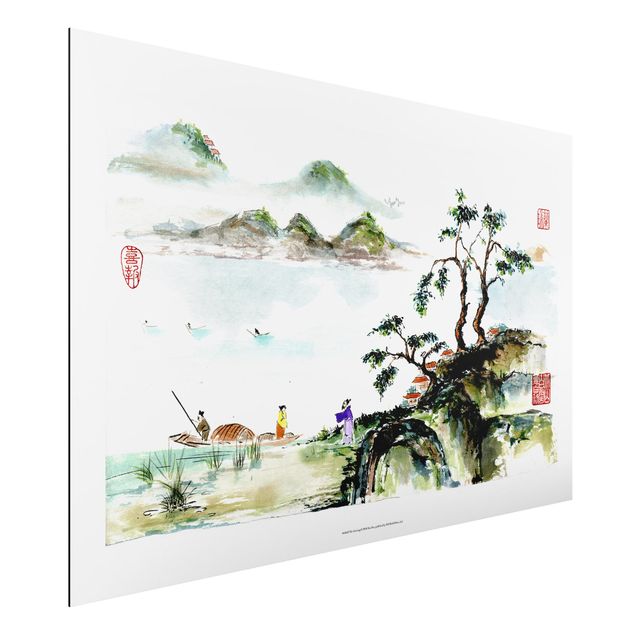 Küchen Deko Japanische Aquarell Zeichnung See und Berge