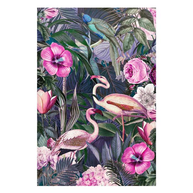 Wandbilder Dschungel Bunte Collage - Pinke Flamingos im Dschungel