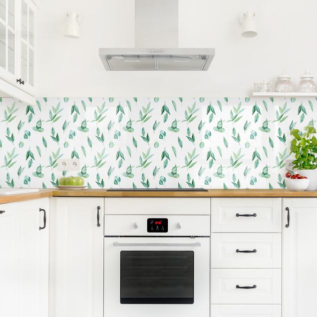 Glasrückwand Küche Aquarell Eukalyptuszweige Muster