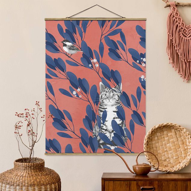 Küche Dekoration Illustration Katze und Vogel auf Ast Blau Rot
