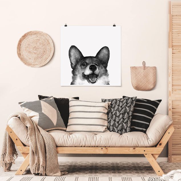 Poster schwarz-weiß Illustration Hund Corgi Weiß Schwarz Malerei
