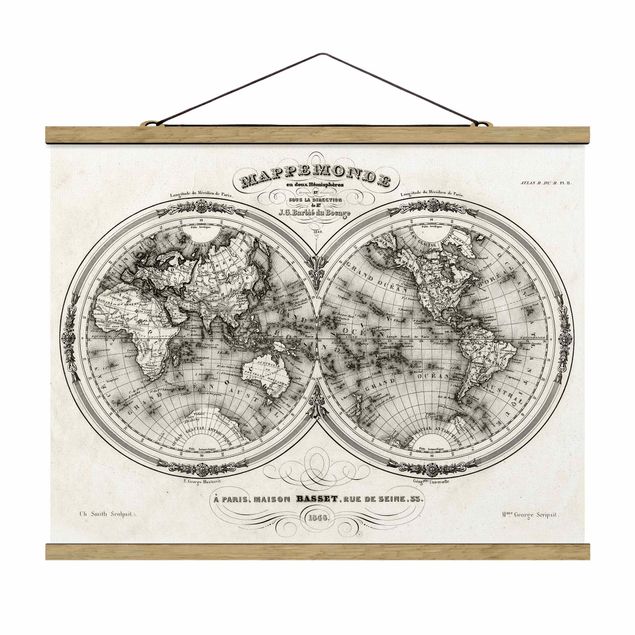 Wandbilder Vintage Weltkarte - Französische Karte der Hemissphären von 1848