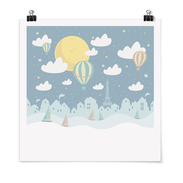 Poster Skylines Paris mit Sternen und Heißluftballon