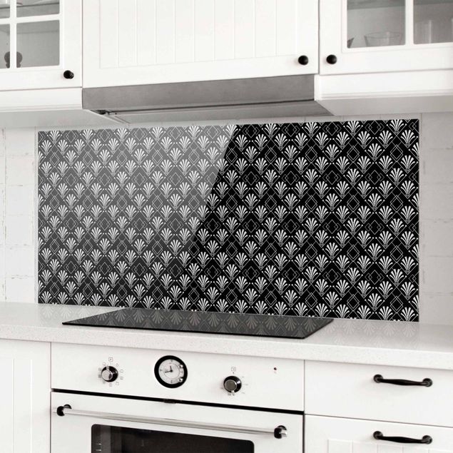 Wanddeko Küche Glitzeroptik mit Art Deco Muster auf Schwarz