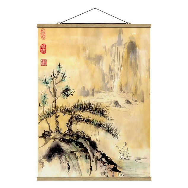 Wandbilder Landschaften Japanische Aquarell Zeichnung Zedern und Berge