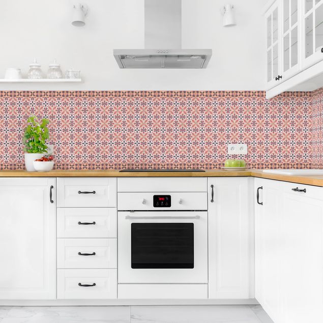 Küchenrückwand Folie Fliesenoptik Geometrischer Fliesenmix Blüte Orange