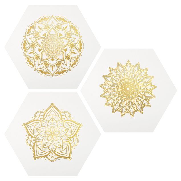 Wandbilder Spirituell Mandala Blüte Sonne Illustration Set Gold