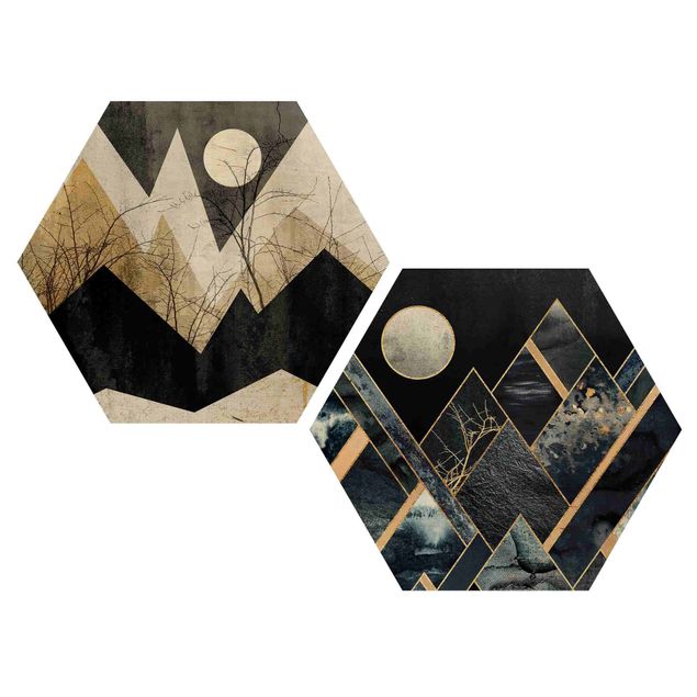 Holzbilder Goldener Mond und geometrische Berge