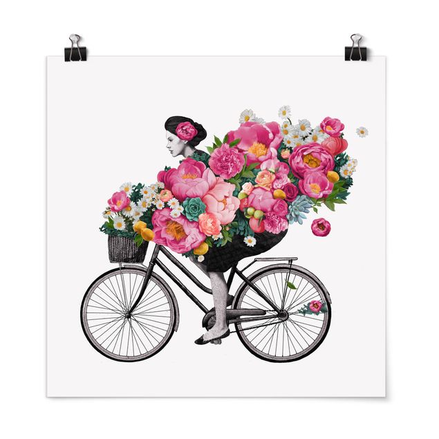 Kunstkopie Poster Illustration Frau auf Fahrrad Collage bunte Blumen