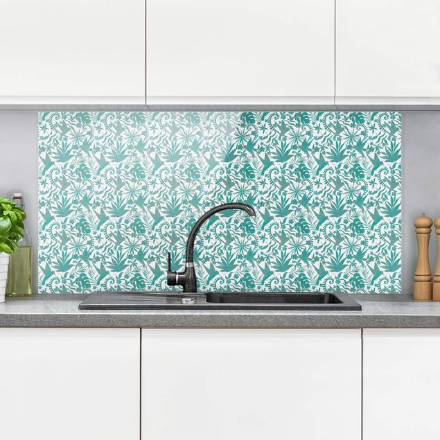 Küche Dekoration Aquarell Kolibri und Pflanzen Silhouetten Muster in Türkis