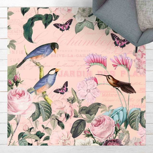 Outdoor Teppich Vintage Collage - Rosen und Vögel