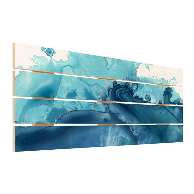 Wandbild Holz Welle Aquarell Blau I