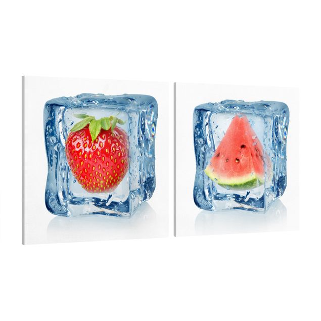 Wandbilder Blumen Erdbeere und Melone im Eiswürfel