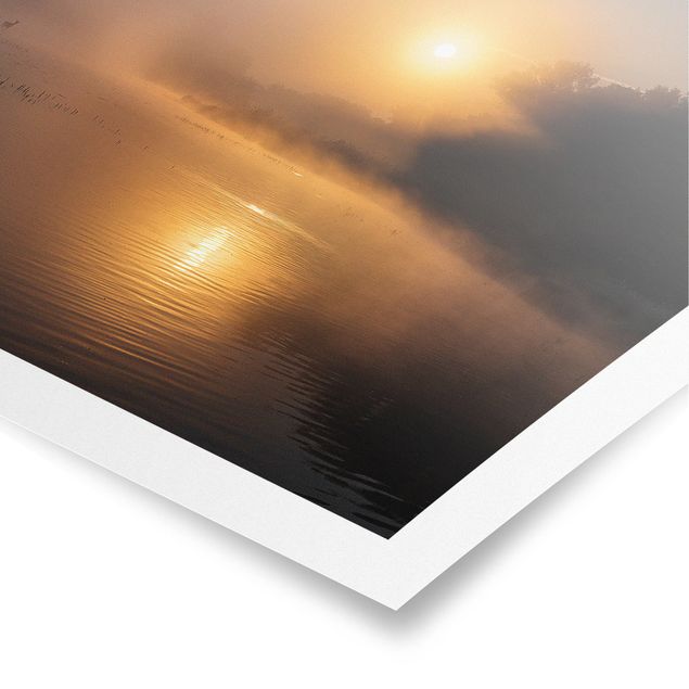 Wandbilder Modern Sonnenaufgang am See mit Rehen im Nebel