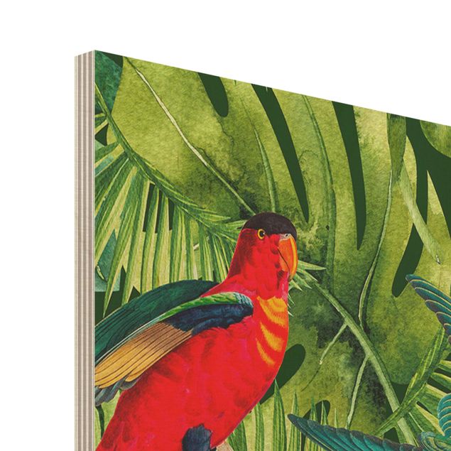 Bilder auf Holz Bunte Collage - Papageien im Dschungel