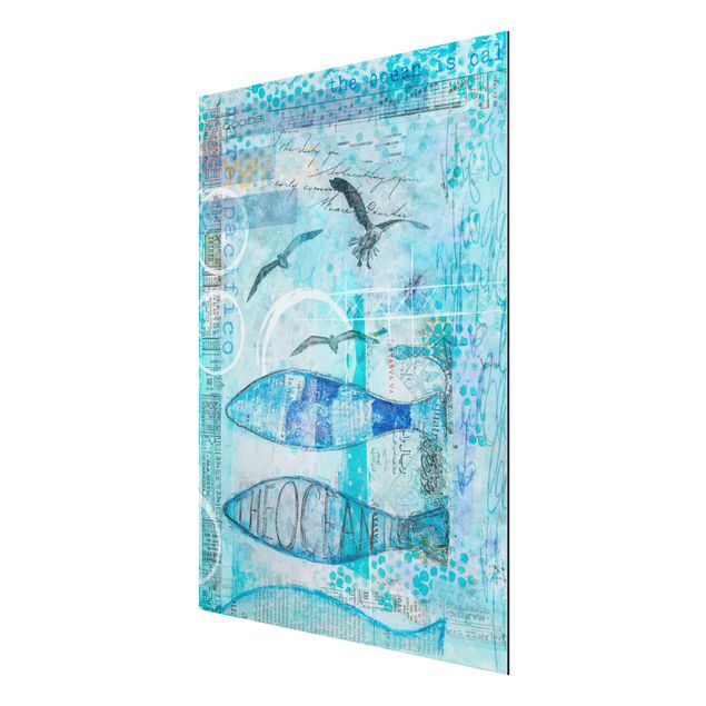 Wandbilder Kunstdrucke Bunte Collage - Blaue Fische