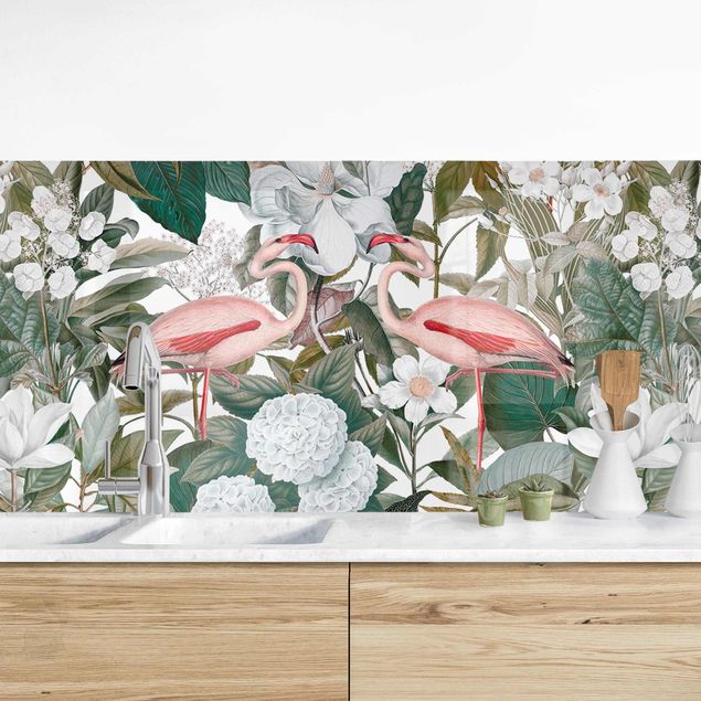 Küchen Deko Rosa Flamingos mit Blättern und weißen Blumen