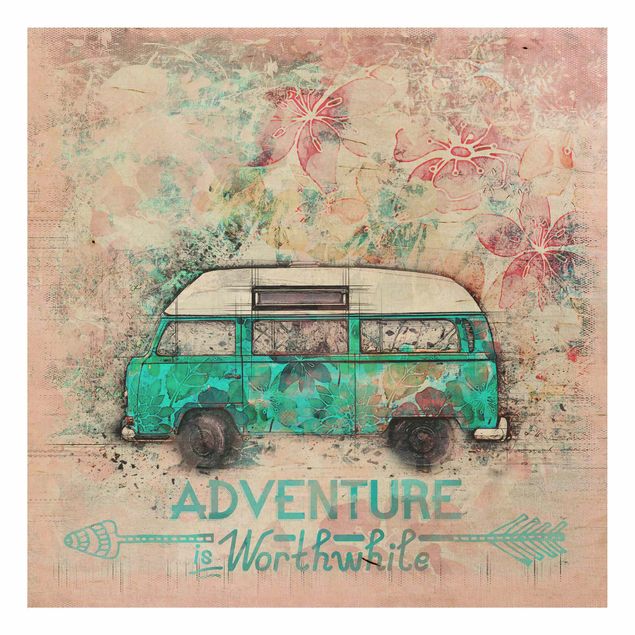 Holzbilder mit Sprüchen Bulli Adventure Collage Pastell