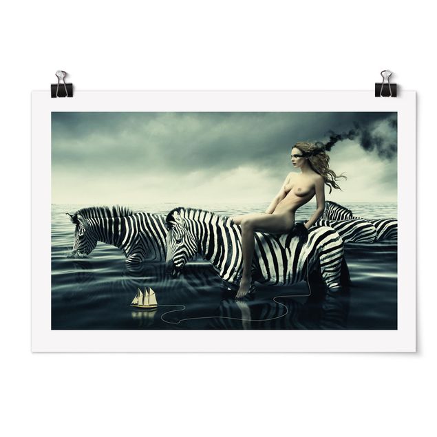 Poster Tiere Frauenakt mit Zebras