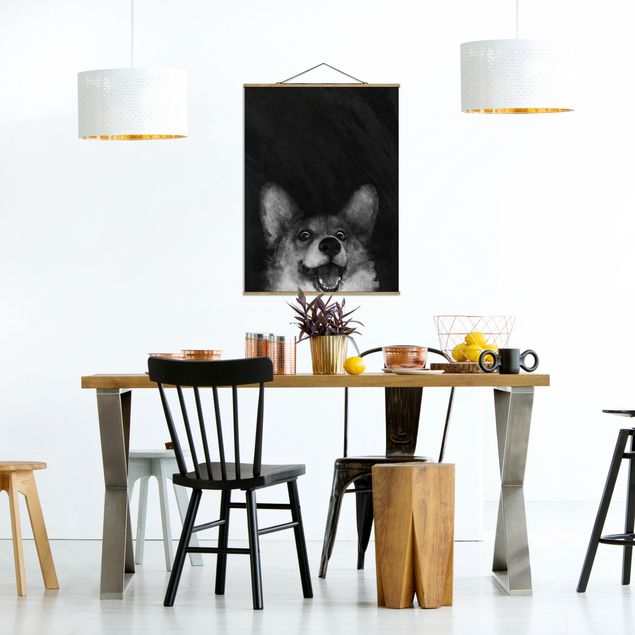 Wandbilder Kunstdrucke Illustration Hund Corgi Malerei Schwarz Weiß