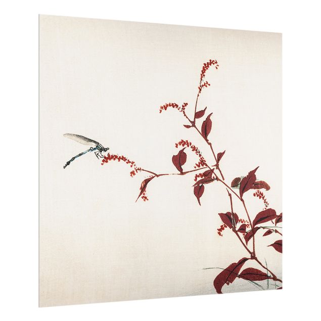Spritzschutz Küche Glas Asiatische Vintage Zeichnung Roter Zweig mit Libelle