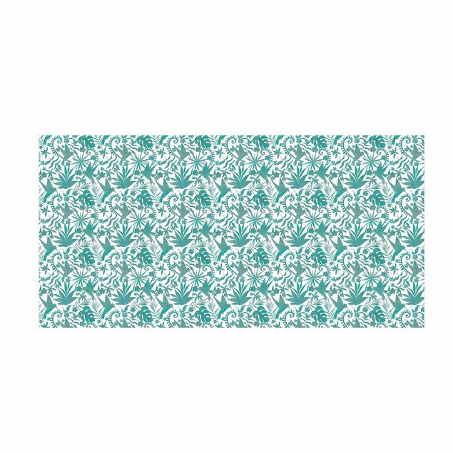 Teppich modern Aquarell Kolibri und Pflanzen Silhouetten Muster in Türkis