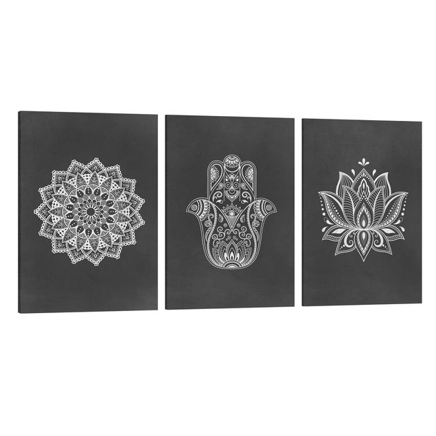 Leinwandbilder Muster Mandala Hamsa Hand Lotus Set auf Schwarz