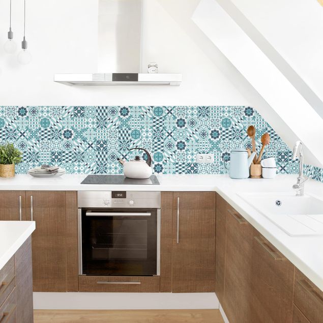 Glasrückwand Küche Geometrischer Fliesenmix Türkis