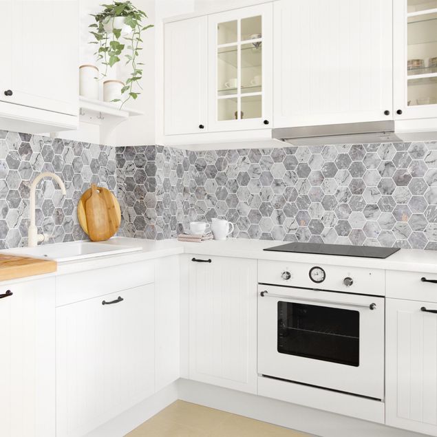 Küchenspiegel Glas Marmor Hexagon Fliesen - Grau