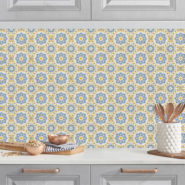 Wanddeko Küche Florale Fliesen blau-gelb