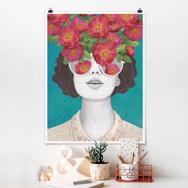 Poster Kunstdruck Illustration Portrait Frau Collage mit Blumen Brille