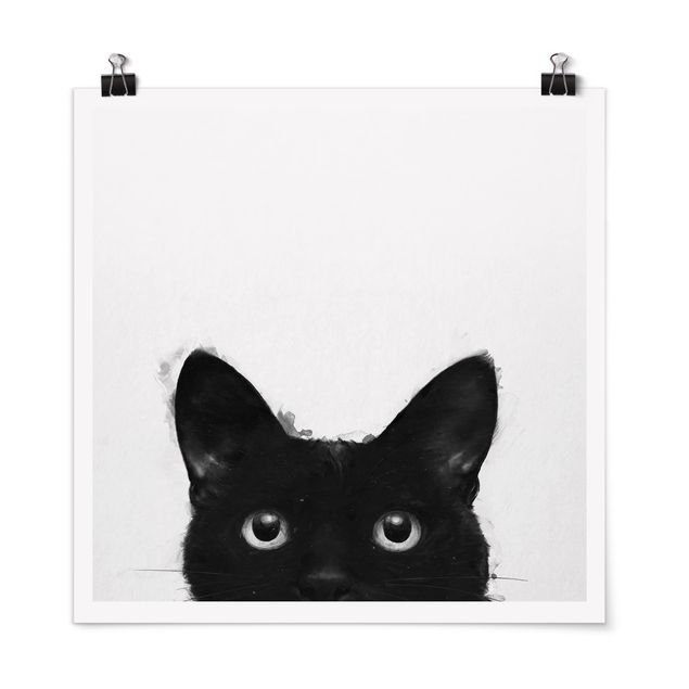Kunstdrucke Poster Illustration Schwarze Katze auf Weiß Malerei