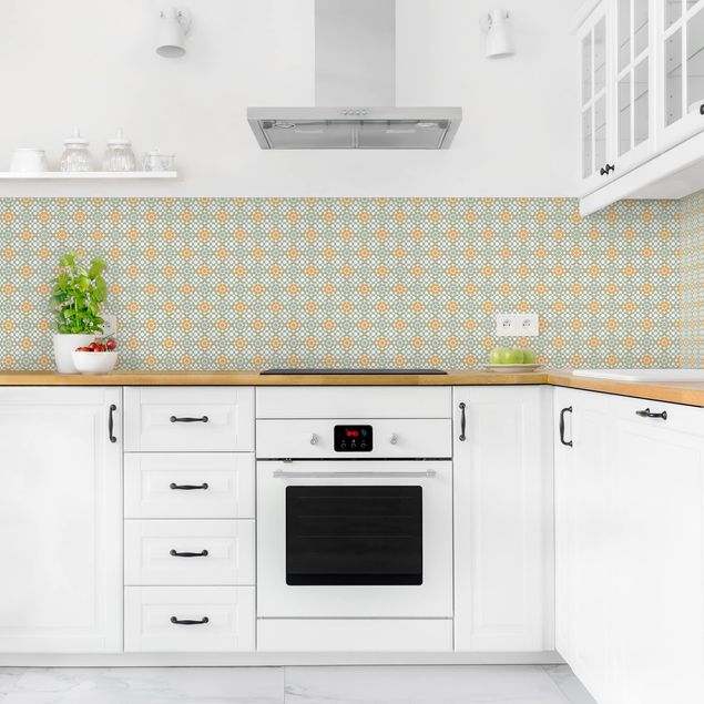 Küchenrückwand Folie Fliesenoptik Orientalisches Muster mit gelben Blüten