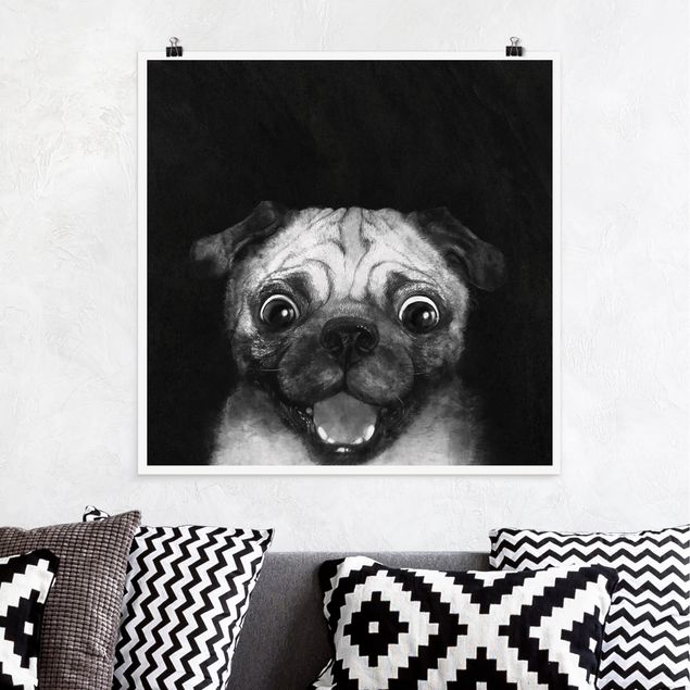 Wanddeko Küche Illustration Hund Mops Malerei auf Schwarz Weiß