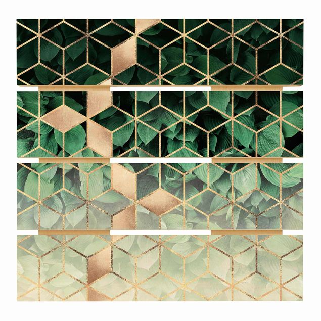 Holzbilder Grüne Blätter goldene Geometrie