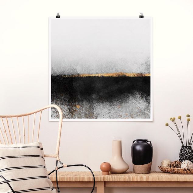 Wanddeko Küche Abstrakter Goldener Horizont Schwarz Weiß