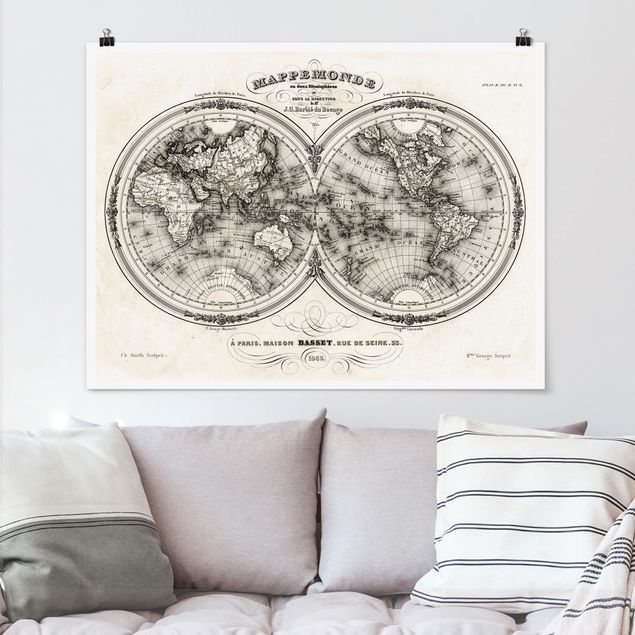 Wanddeko Küche Weltkarte - Französische Karte der Hemissphären von 1848