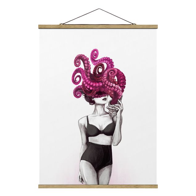 Wandbilder Kunstdrucke Illustration Frau in Unterwäsche Schwarz Weiß Oktopus