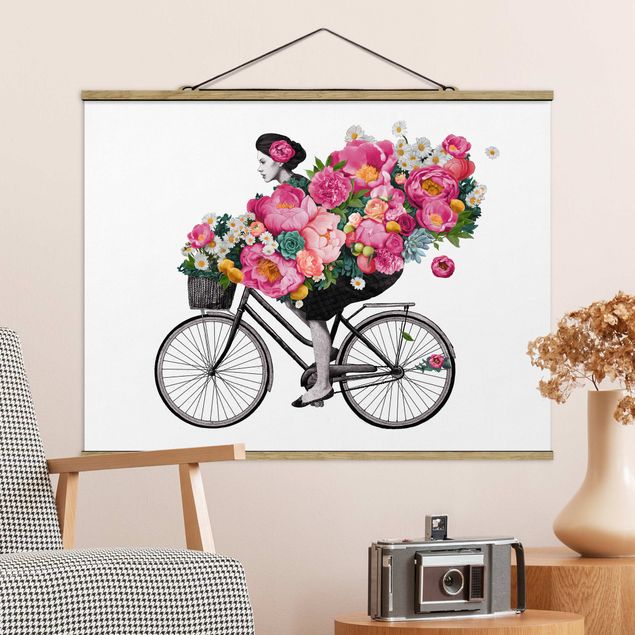 Wanddeko Küche Illustration Frau auf Fahrrad Collage bunte Blumen