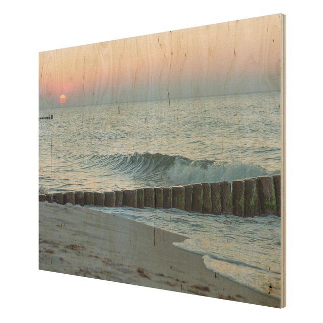 maritime Holzbilder Sonnenuntergang am Meer