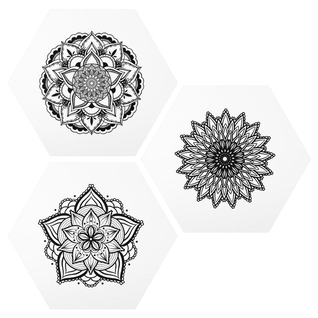 Wandbilder Spirituell Mandala Blüte Sonne Illustration Set Schwarz Weiß