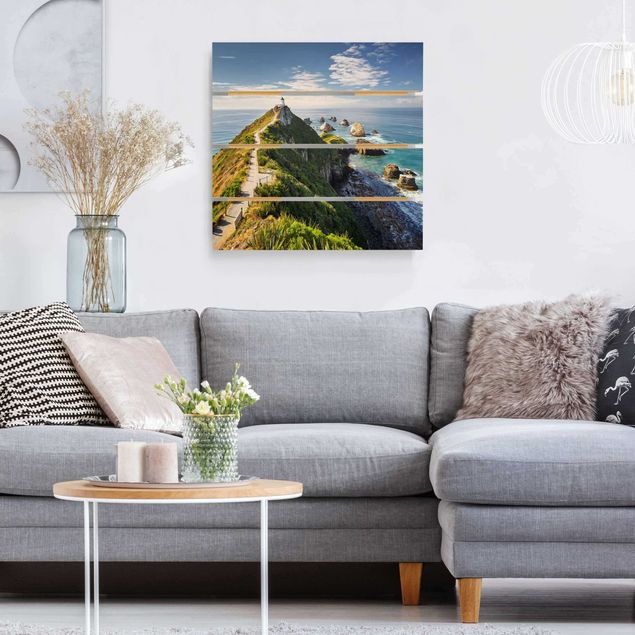 Holzbilder Landschaften Nugget Point Leuchtturm und Meer Neuseeland