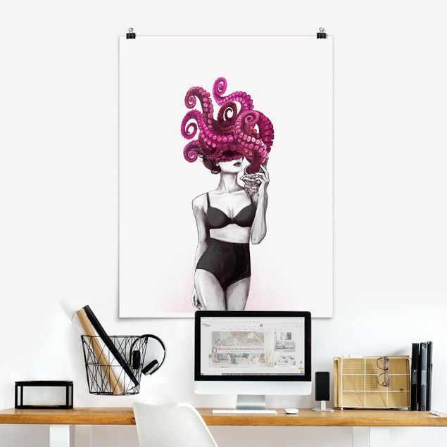 Küche Dekoration Illustration Frau in Unterwäsche Schwarz Weiß Oktopus