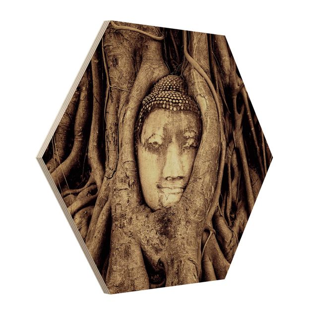 Wandbild Holz Vintage Buddha in Ayutthaya von Baumwurzeln gesäumt in Braun