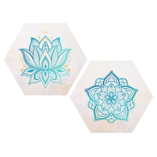 Wandbilder Spirituell Mandala Lotus Set Gold Blau