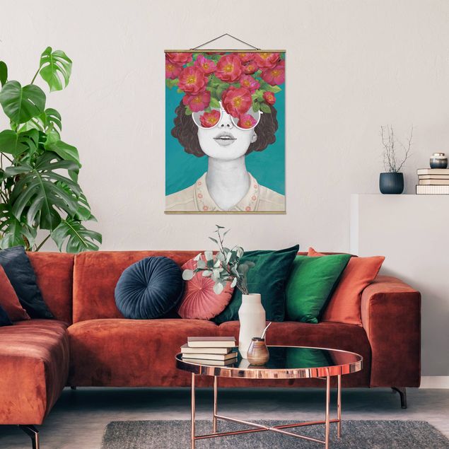 Wandbilder Kunstdrucke Illustration Portrait Frau Collage mit Blumen Brille